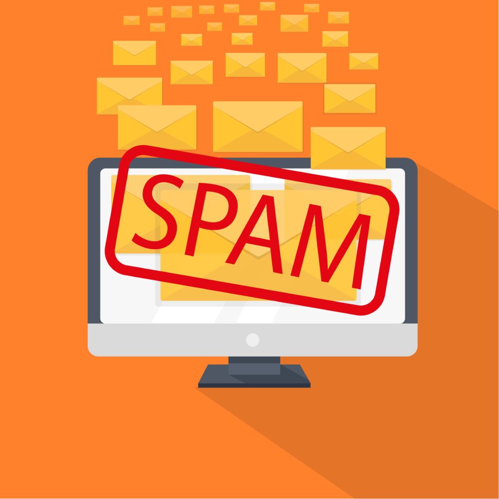 computer monitor on a bright orange background with many envelopes and sheets of text labeled Spam for toxic backlinks