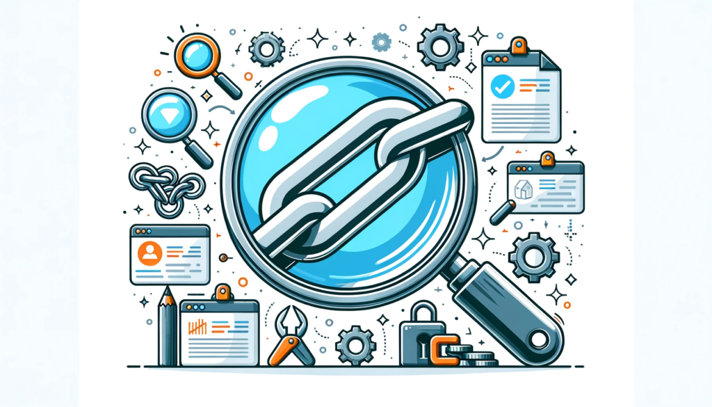  A magnifying glass with a chain inside of it, surrounded by a variety of tools, including a screwdriver, a wrench, and a pencil. The text "ODO 000 ж" is visible in the background.

